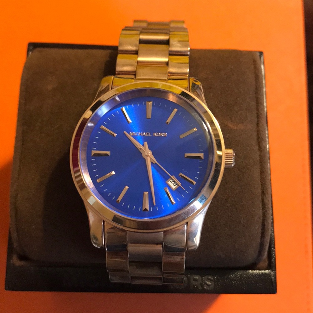 Rose gold royal blue face Michael Kors watch